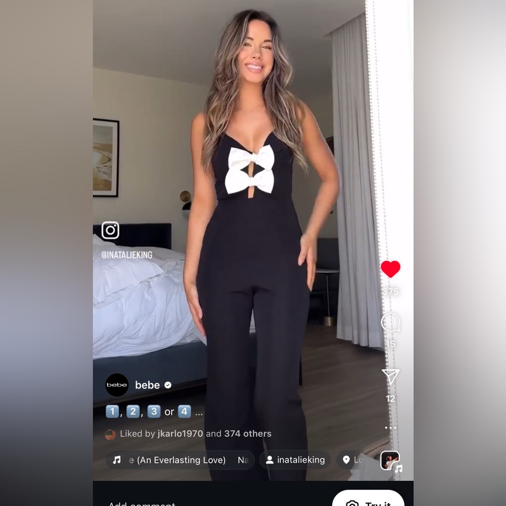 Black Jumpsuit with White Bow BeBe NWT